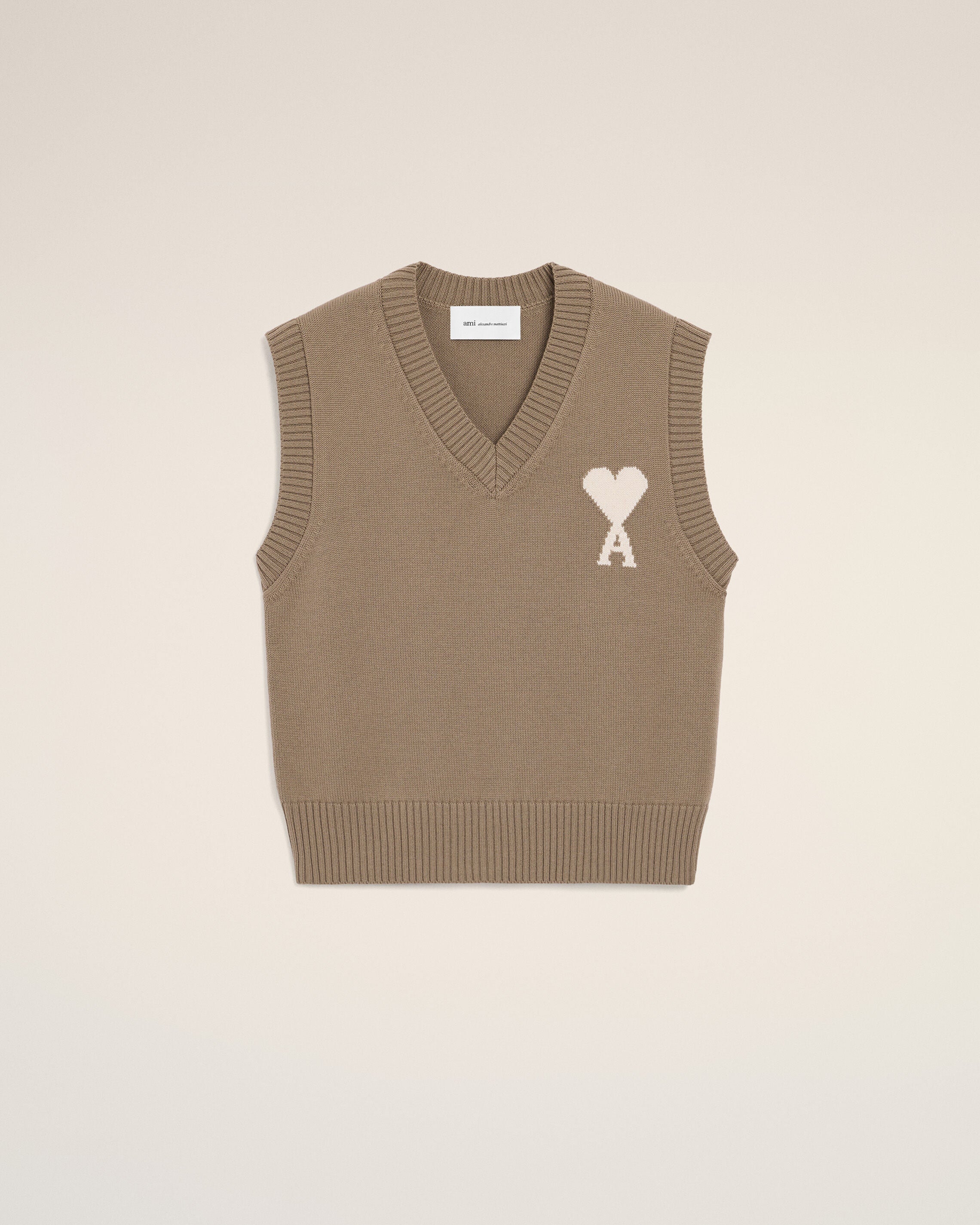 TAUPE BEIGE/BJÄSSVIT Beige ull och bomull utan ärmar Ami De Coeur-tröja | Ami Paris