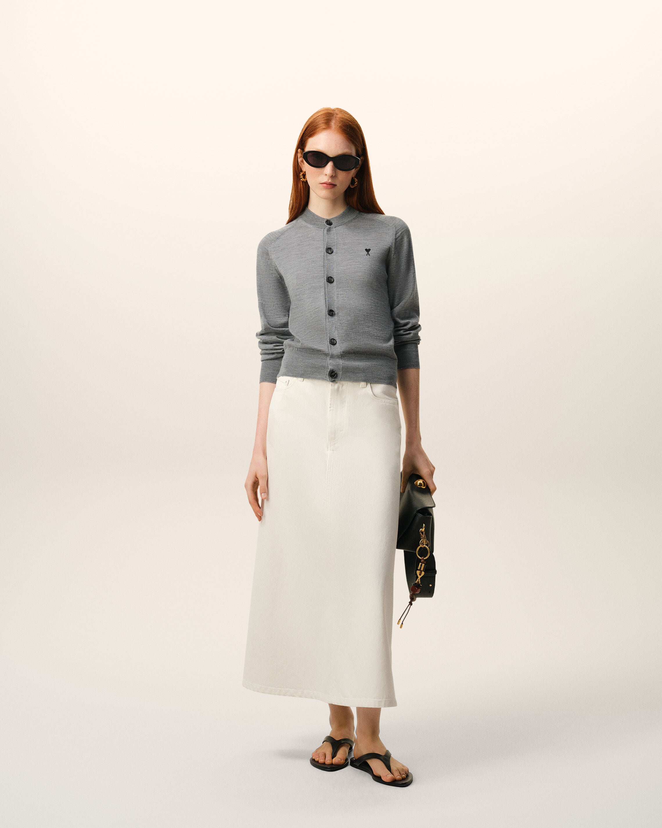 HEATHER GREY / BLACK Grå ulltröja med kringkragen Ami De Coeur-cardigan | Ami Paris